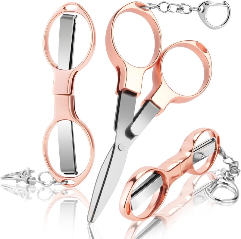 Hapdream 3 Pcs Folding Stainless Steel Portable Mini Badge Scissors with 3 Keychains, Safety Foldable Pocket Travel Small Scissors All Purpose for Nurse Accessories, Travel, Office, Craft, Sewing (Rose Gold) - Image 1